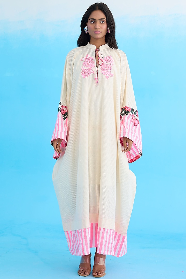 Cream Seersucker Cotton Hand Embroidered Kaftan Dress by Nikasha