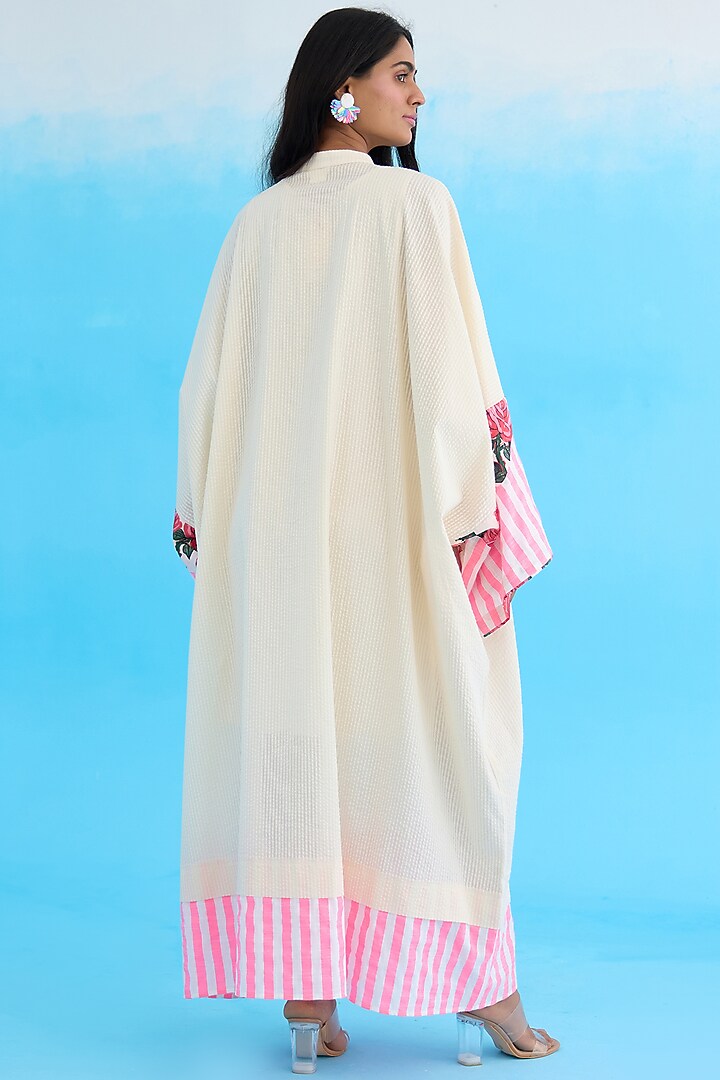 Cream Seersucker Cotton Hand Embroidered Kaftan Vacation Dress by Nikasha at Pernia's Pop Up Shop