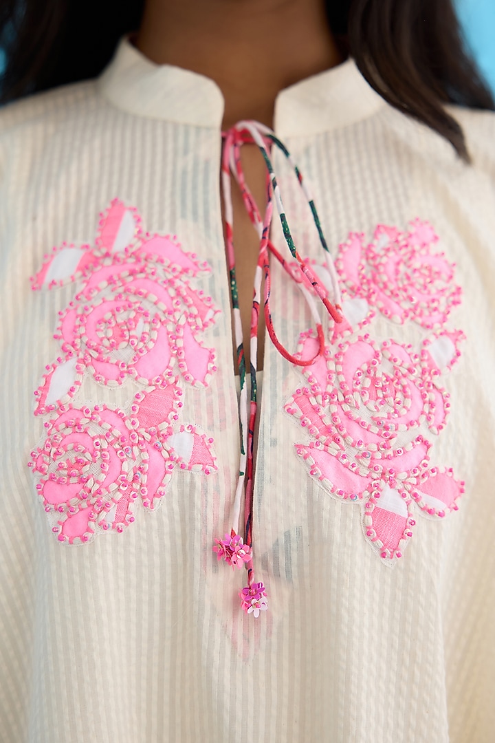 Cream Seersucker Cotton Hand Embroidered Kaftan Vacation Dress by Nikasha at Pernia's Pop Up Shop