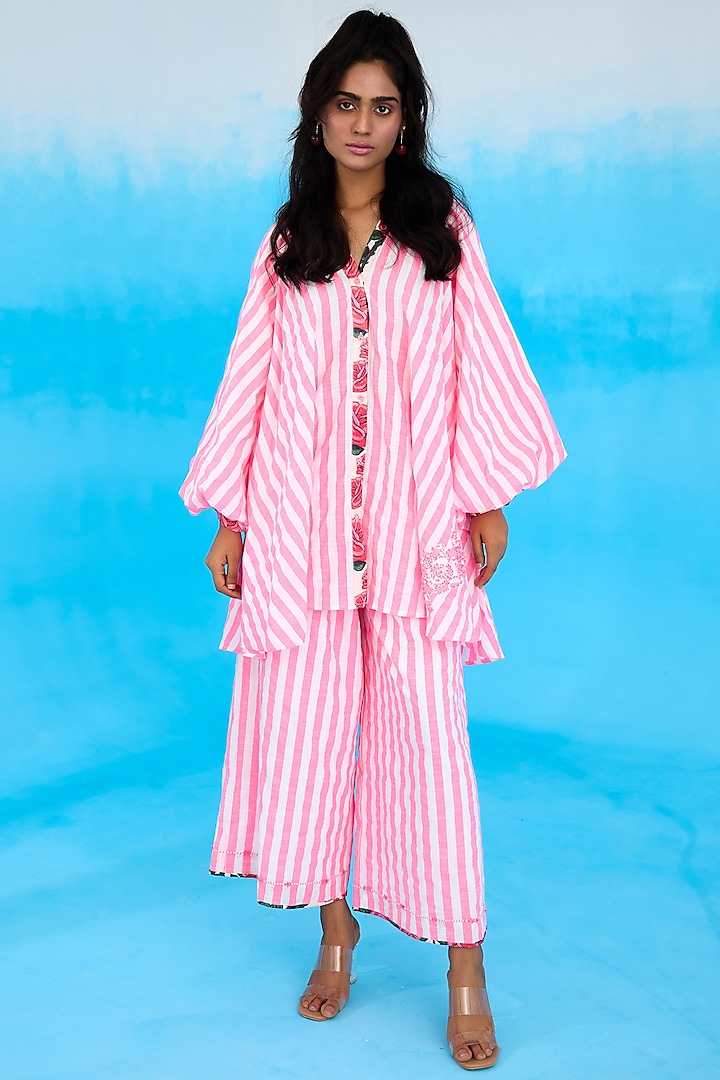 Pink Cotton Linen Hand Embroidered & Striped Shirt by Nikasha