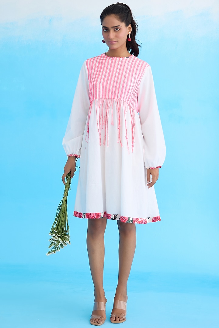 White Cotton Poplin Rose Printed Shift Dress by Nikasha