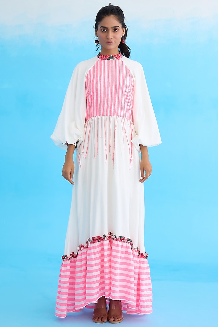 White Cotton Rayon Blend Rose Printed Maxi Dress by Nikasha