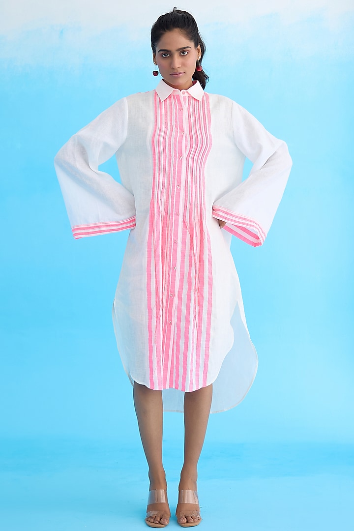 White Cotton Linen Striped Shirt Dress by Nikasha