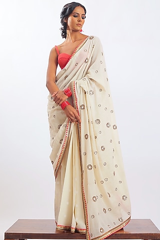 Ivory Hand Embroidered Saree Set by Nikasha