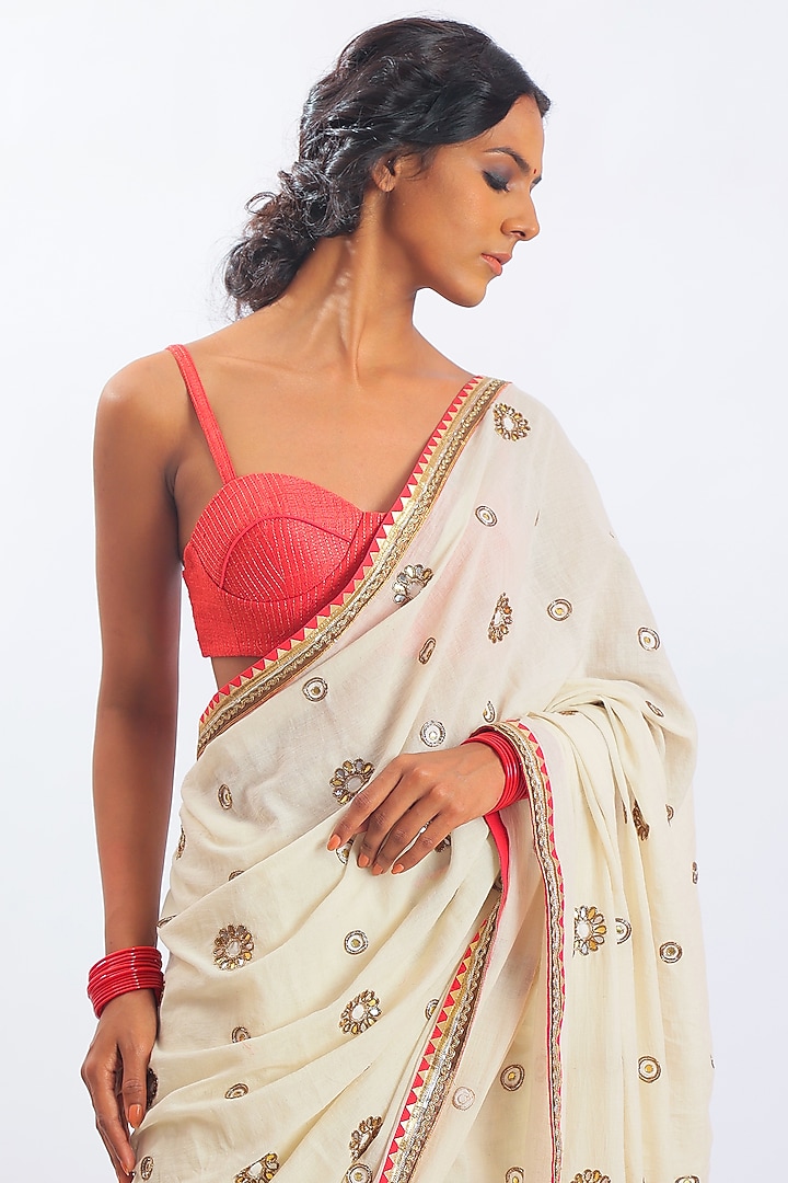 Ivory Hand Embroidered Wedding Saree Set by Nikasha at Pernia's Pop Up Shop