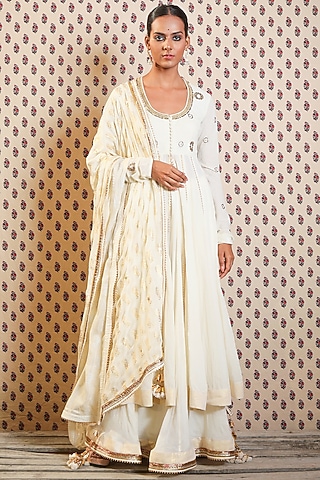 Ivory Cotton Hand Embroidered Anarkali Set by Nikasha