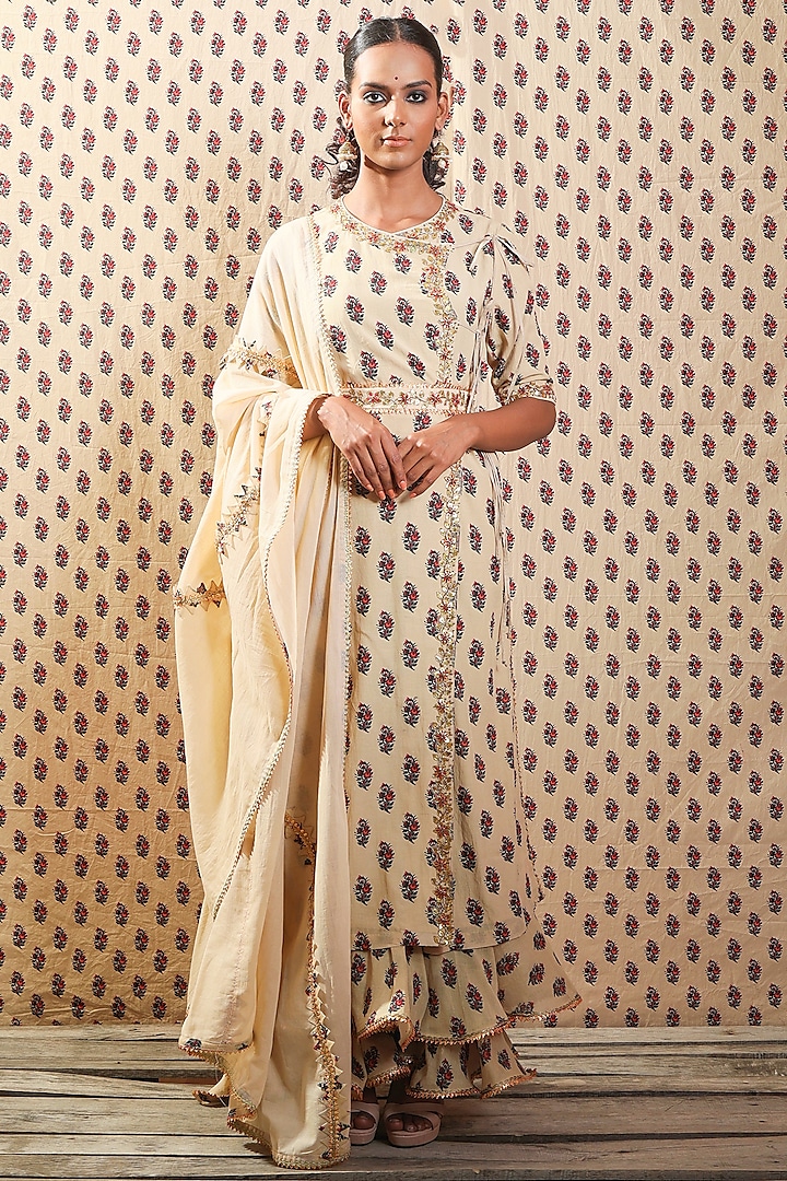 Beige Hand-Embroidered Sharara Set by Nikasha