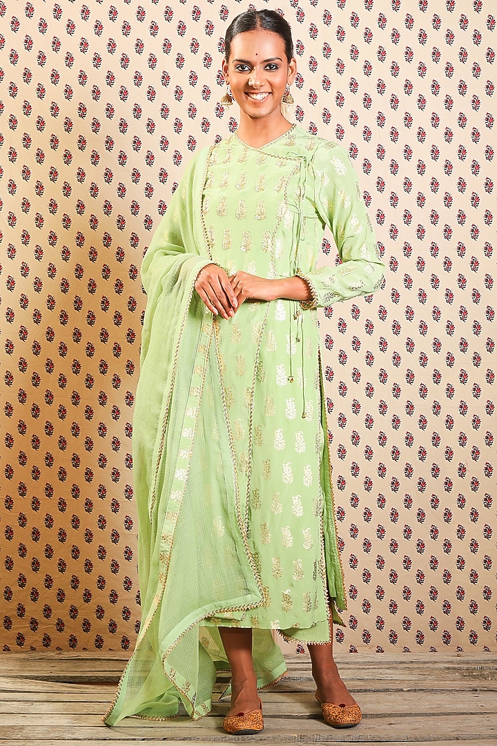 Pista Green Printed Angrakha Kurta Set by Nikasha at Pernia's Pop Up Shop