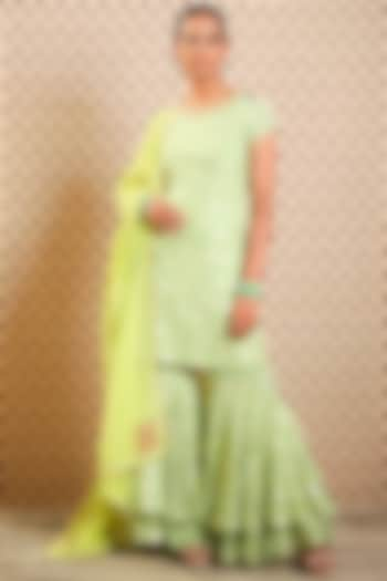 Pista & Lime Green Double-Layered Sharara Set by Nikasha at Pernia's Pop Up Shop