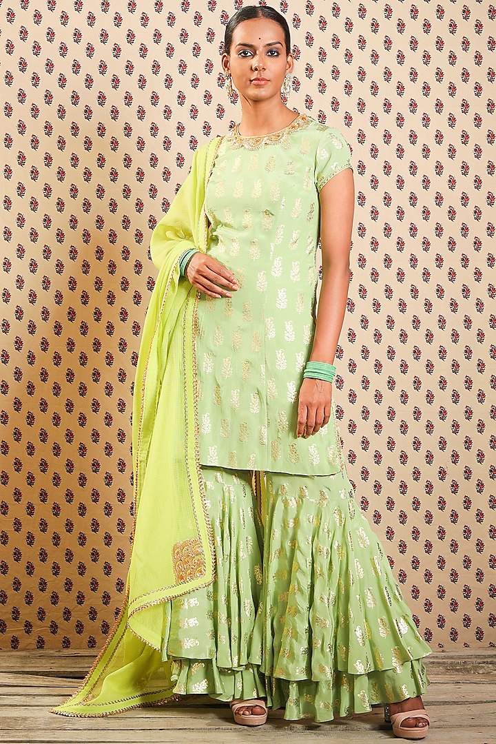 Pista & Lime Green Double-Layered Sharara Set by Nikasha at Pernia's Pop Up Shop