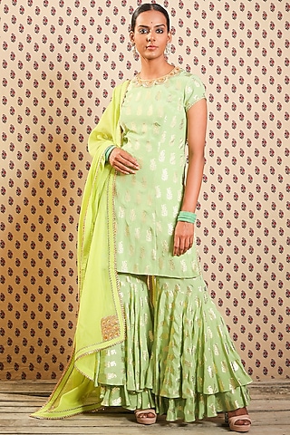 Pista & Lime Green Double-Layered Sharara Set by Nikasha