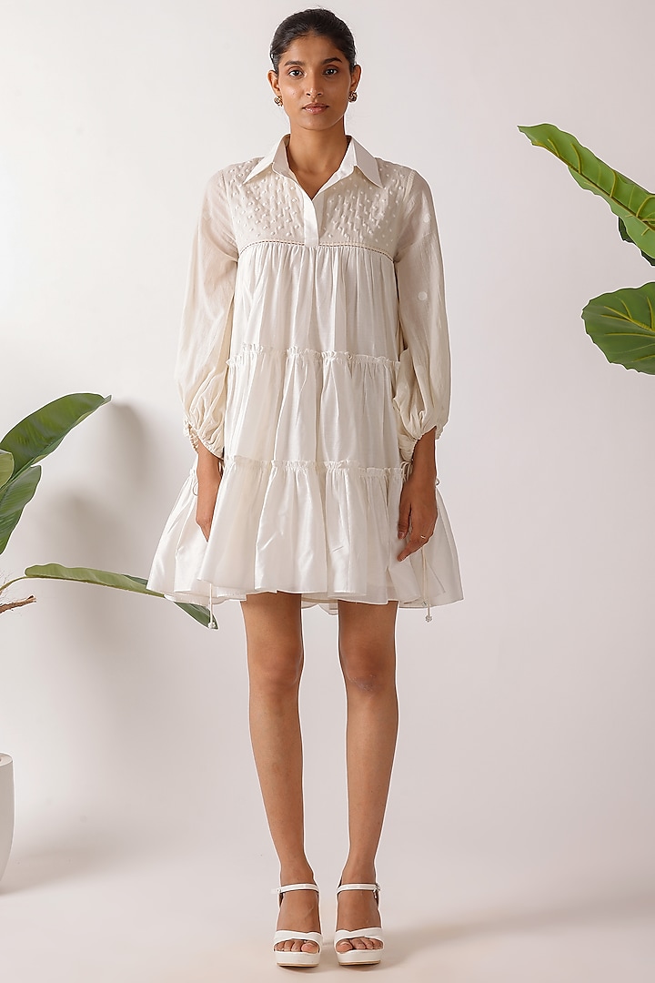 Cream Cotton Jamdani Embroidered Tiered Summer Dress by Nikasha at Pernia's Pop Up Shop
