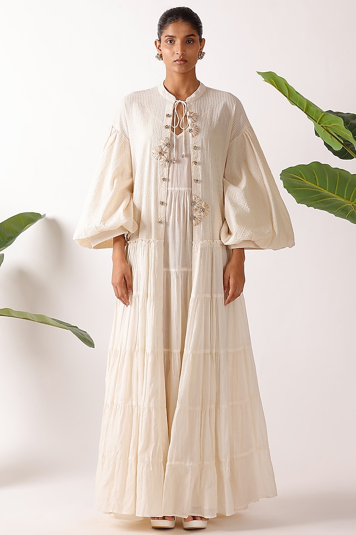 Cream Cotton Seersucker Embroidered Overgarment by Nikasha at Pernia's Pop Up Shop