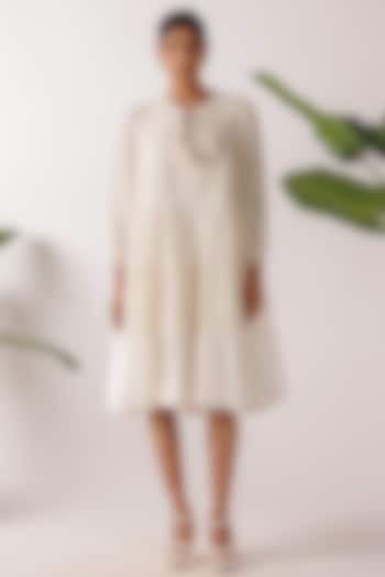 Cream Cotton Jamdani Embroidered Tiered Summer Dress by Nikasha at Pernia's Pop Up Shop
