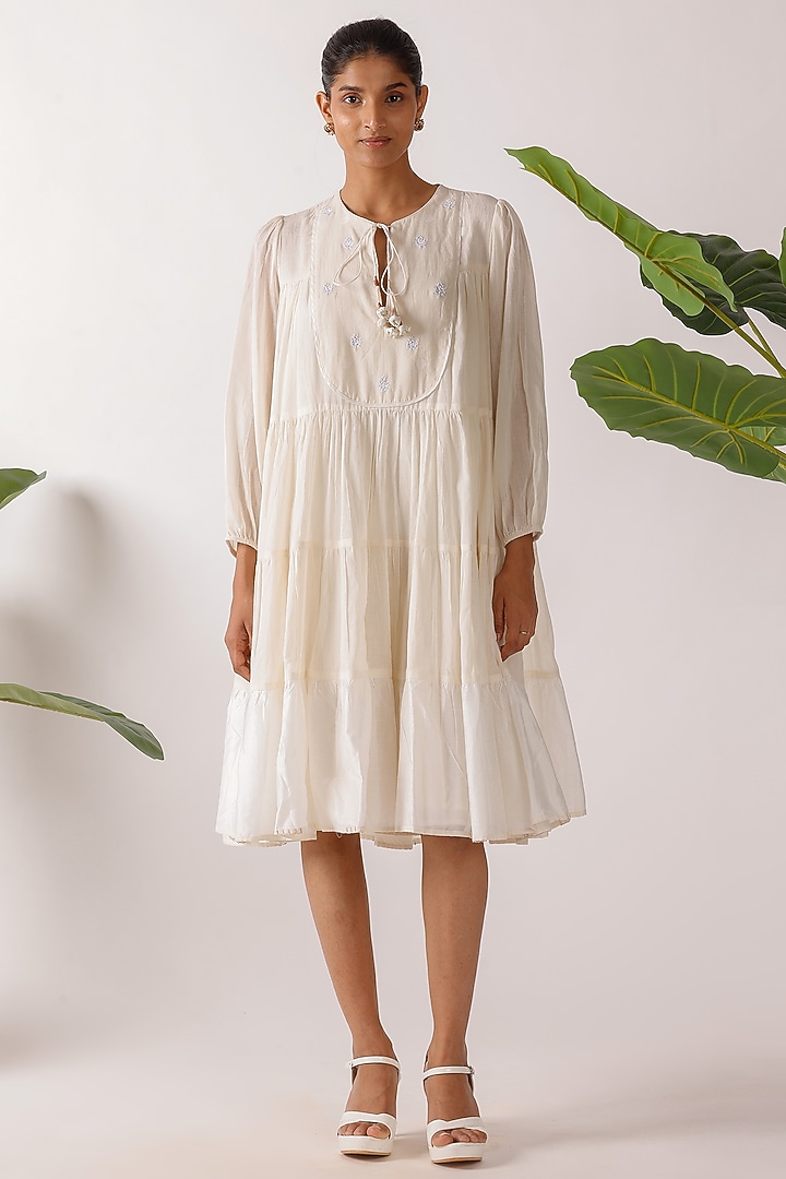 Cream Cotton Jamdani Embroidered Tiered Summer Dress by Nikasha at Pernia's Pop Up Shop