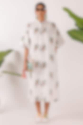 Off-White Cotton Leopard Printed & Hand Embroidered Shirt Summer Dress by Nikasha at Pernia's Pop Up Shop
