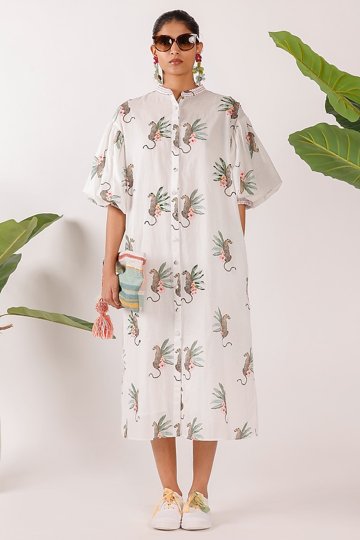 Off-White Cotton Leopard Printed & Hand Embroidered Shirt Summer Dress by Nikasha at Pernia's Pop Up Shop