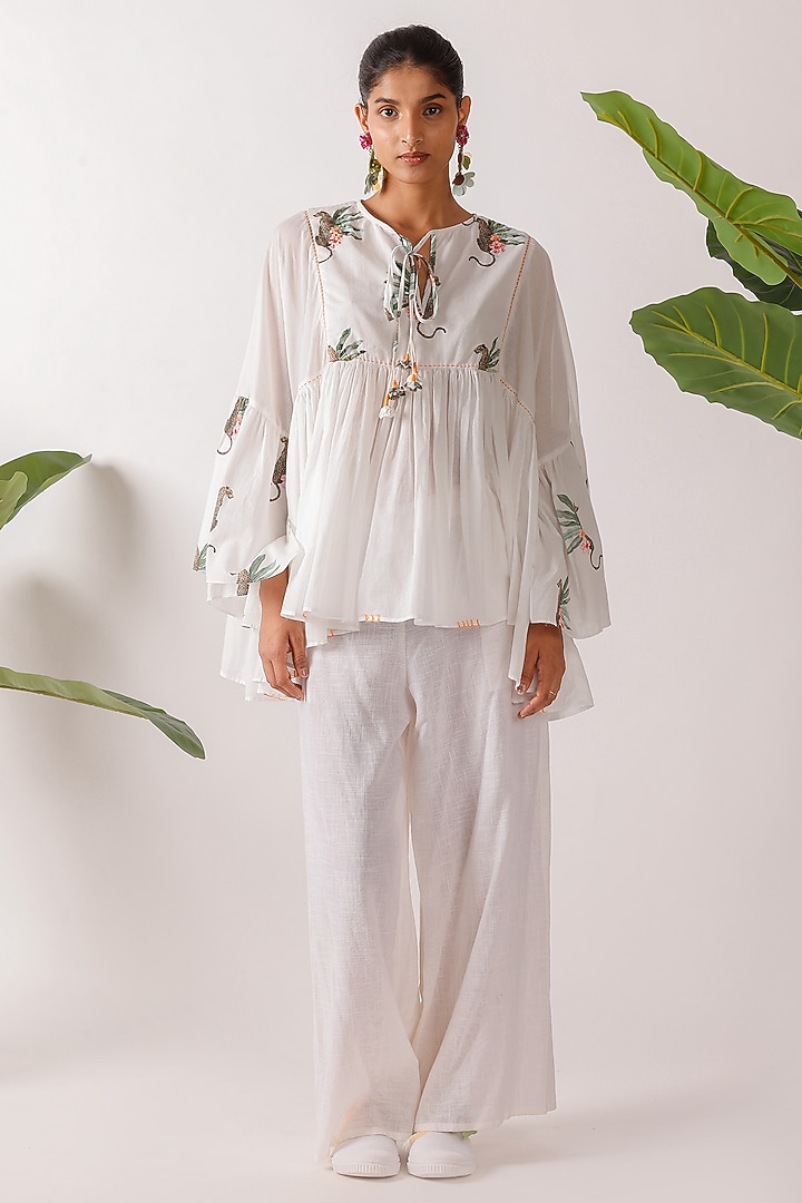 Off-White Cotton Leopard Printed & Hand Embroidered Top by Nikasha at Pernia's Pop Up Shop
