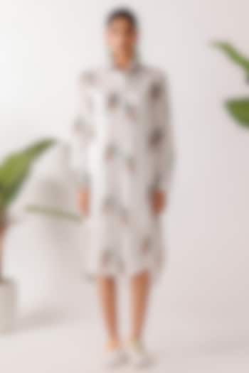 Off-White Cotton Leopard Printed & Hand Embroidered Shirt Summer Dress by Nikasha at Pernia's Pop Up Shop