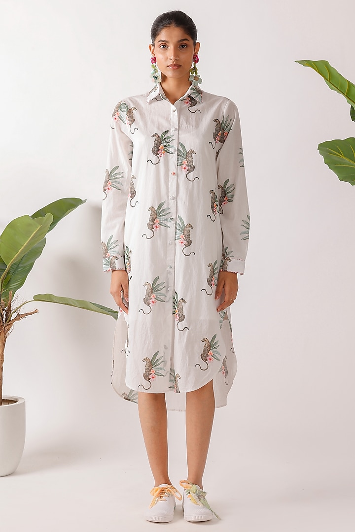 Off-White Cotton Leopard Printed & Hand Embroidered Shirt Summer Dress by Nikasha at Pernia's Pop Up Shop
