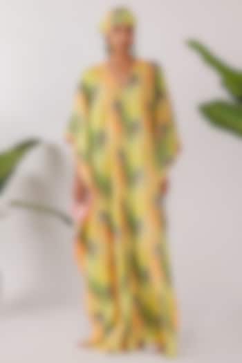Yellow Cotton & Seersucker Leopard Printed Ruched Kaftan by Nikasha at Pernia's Pop Up Shop