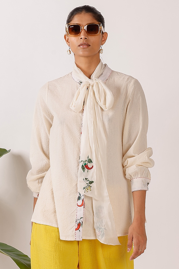 Cream Cotton Applique Embroidered Shirt by Nikasha at Pernia's Pop Up Shop