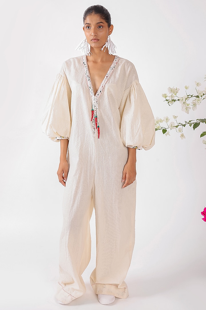 Cream Cotton Applique Embroidered Jumpsuit by Nikasha at Pernia's Pop Up Shop