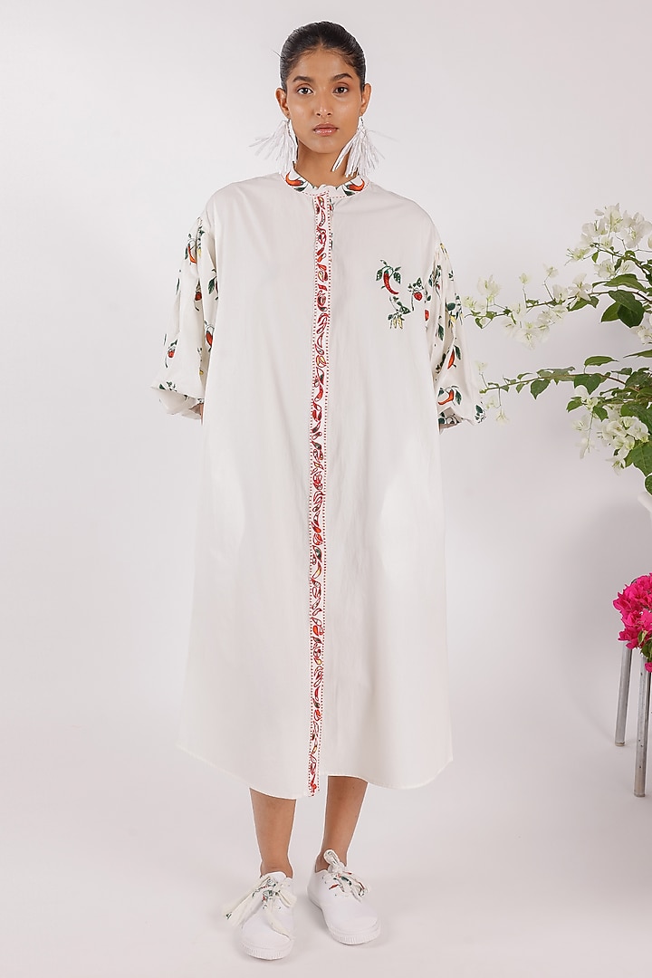 Cream Cotton Printed & Embroidered Summer Shirt Dress by Nikasha at Pernia's Pop Up Shop