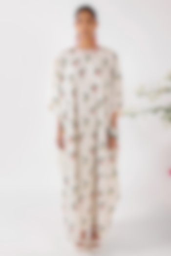 Cream Cotton Voile Printed & Embroidered Kaftan by Nikasha at Pernia's Pop Up Shop
