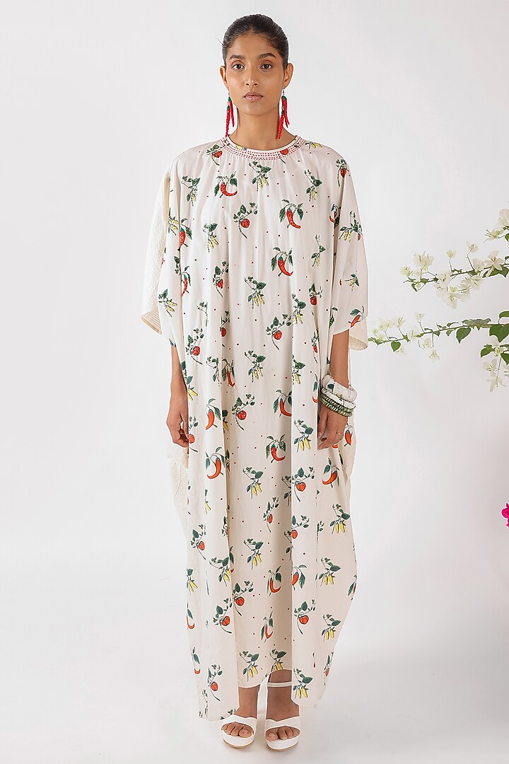 Cream Cotton Voile Printed & Embroidered Kaftan by Nikasha at Pernia's Pop Up Shop