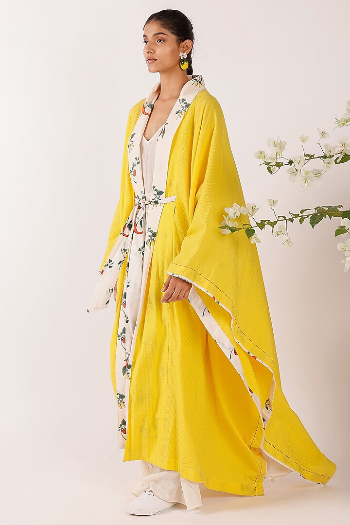Cream & Yellow Cotton Printed Shrug by Nikasha at Pernia's Pop Up Shop