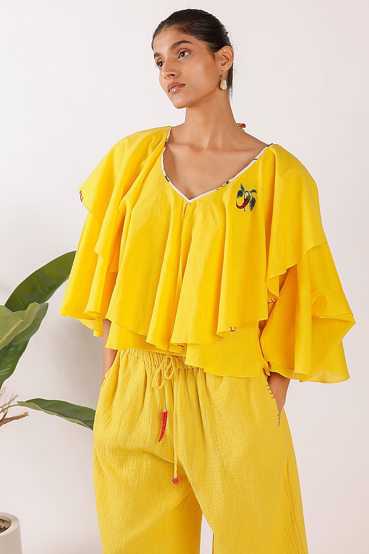 Yellow Cotton Applique Embroidered Top by Nikasha at Pernia's Pop Up Shop