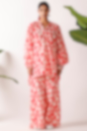 Coral Cotton Voile Printed & Embroidered Co-Ord Set by Nikasha at Pernia's Pop Up Shop