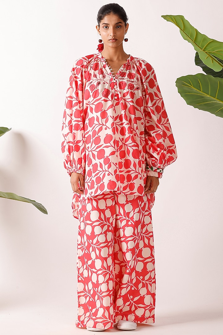 Coral Cotton Voile Printed & Embroidered Co-Ord Set by Nikasha at Pernia's Pop Up Shop