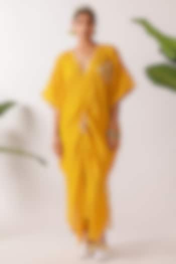 Yellow Cotton Crush & Cotton Voile Printed & Hand Embroidered Kaftan by Nikasha at Pernia's Pop Up Shop