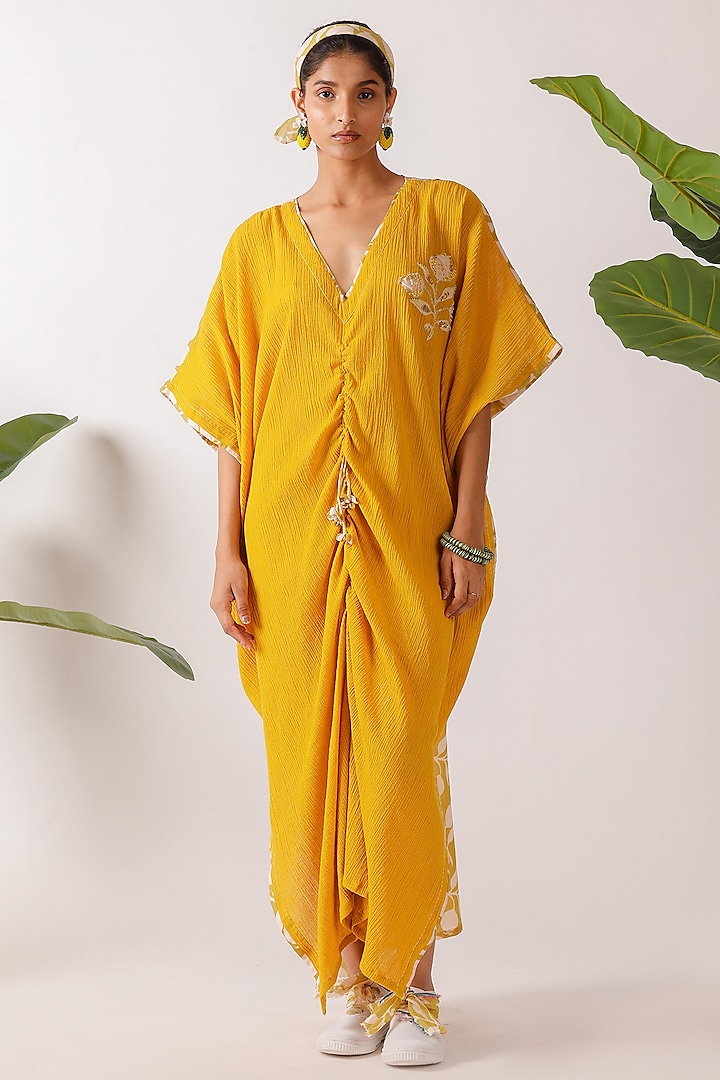 Yellow Cotton Crush & Cotton Voile Printed & Hand Embroidered Kaftan by Nikasha at Pernia's Pop Up Shop