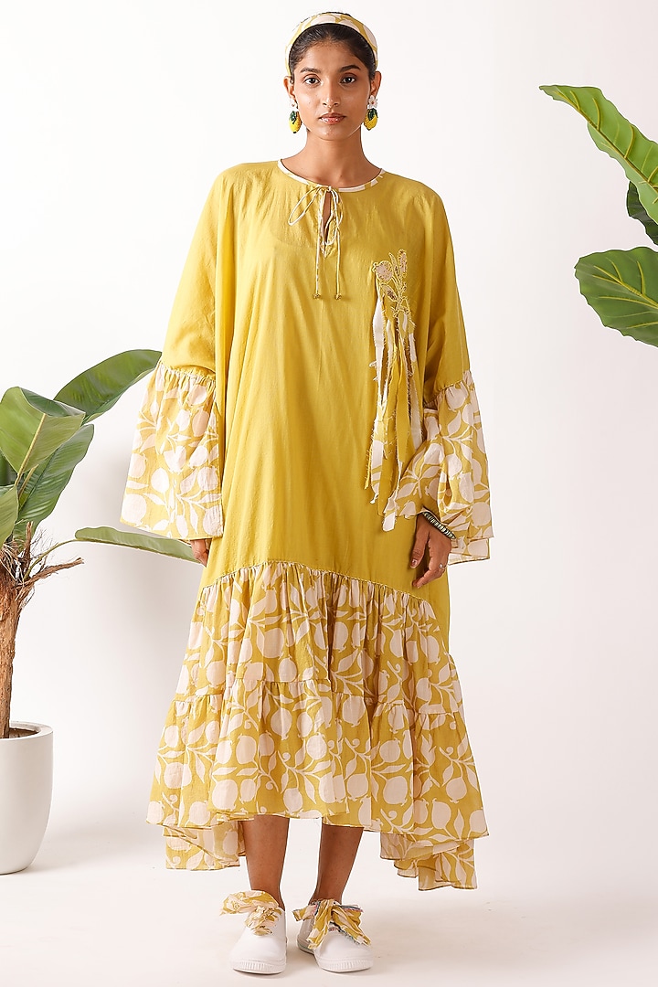 Yellow Cotton Hand Embroidered & Printed Midi Summer Dress by Nikasha at Pernia's Pop Up Shop