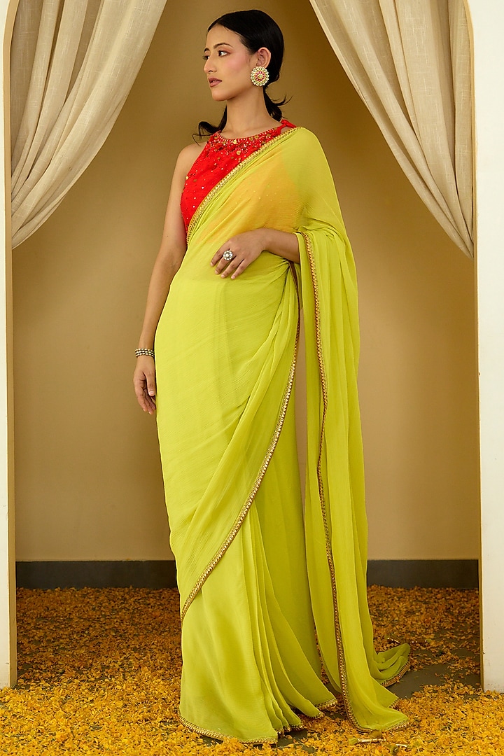 Lime Green Pure Chiffon Silk Embroidered Saree Set by Nikasha
