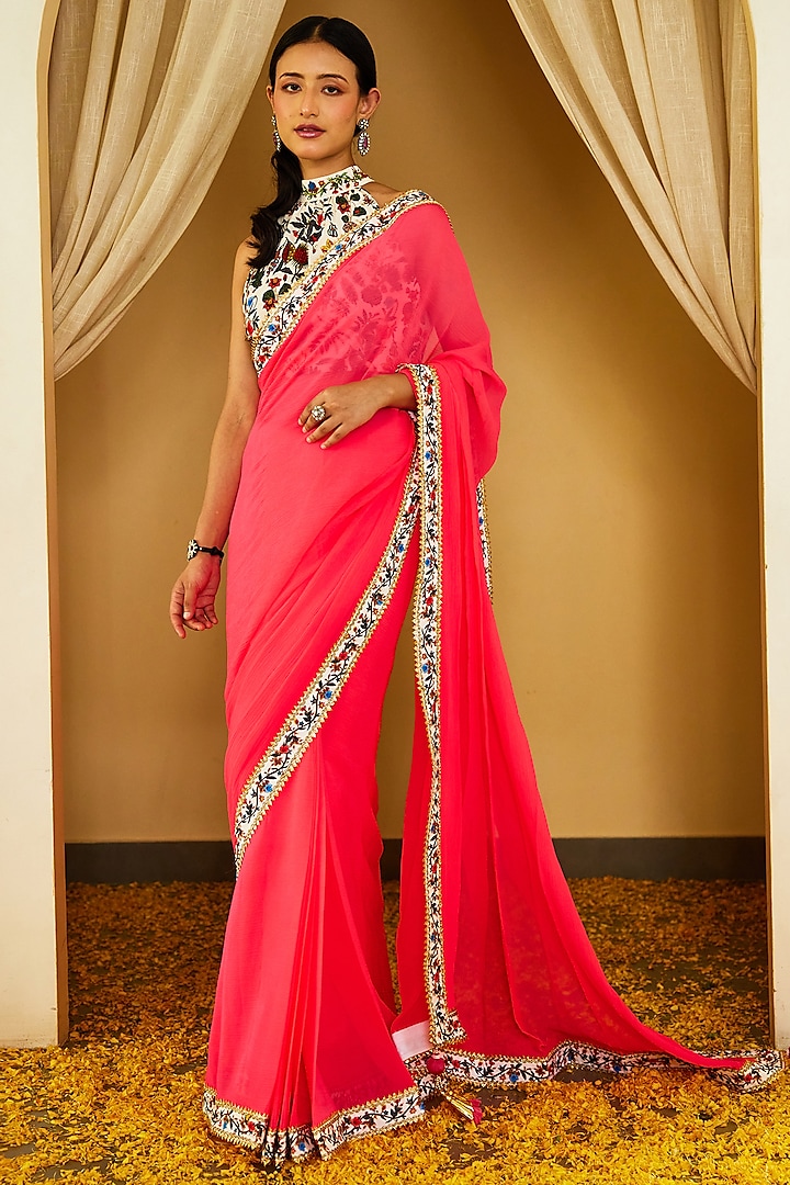 Pink Pure Chiffon Silk Saree Set by Nikasha