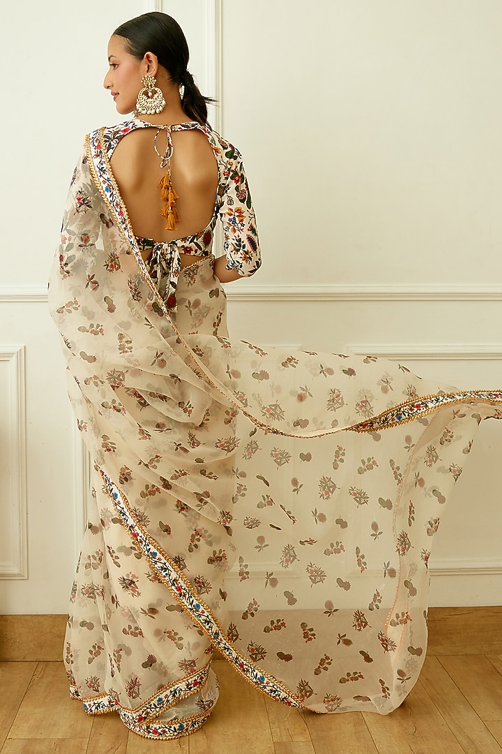 Ivory Pure Silk Organza Printed Party Wear Saree Set by Nikasha at Pernia's Pop Up Shop