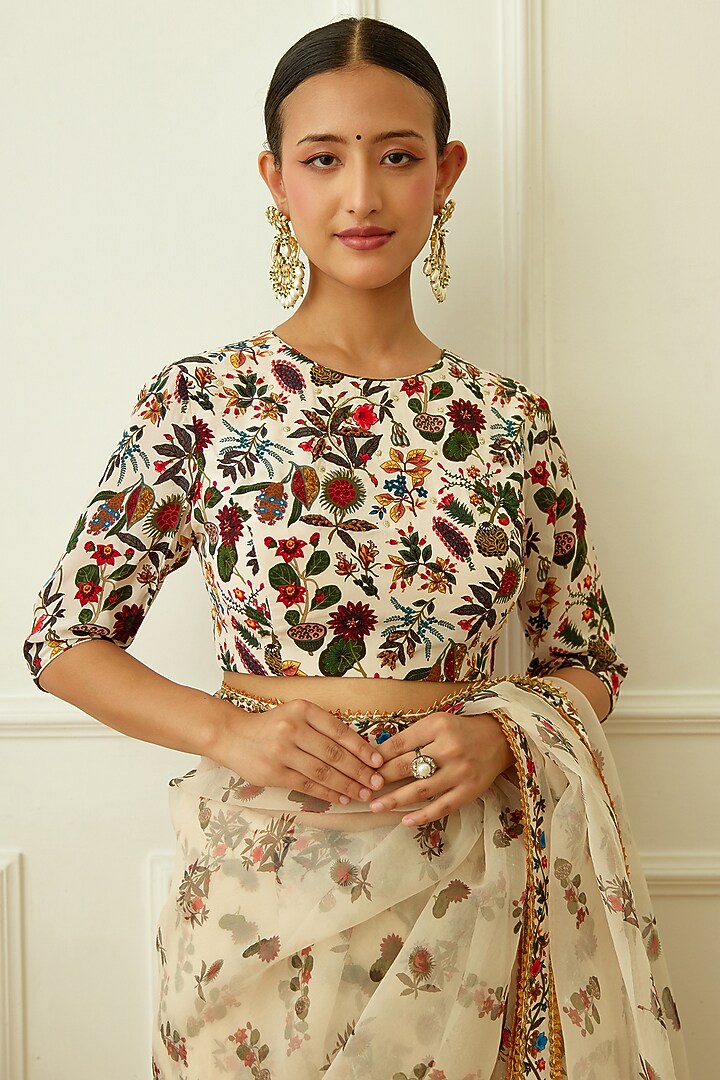 Ivory Pure Silk Organza Printed Party Wear Saree Set by Nikasha at Pernia's Pop Up Shop
