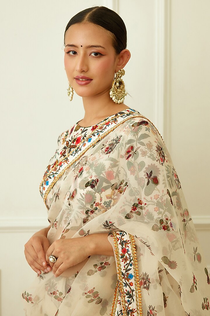 Ivory Pure Silk Organza Printed Party Wear Saree Set by Nikasha at Pernia's Pop Up Shop