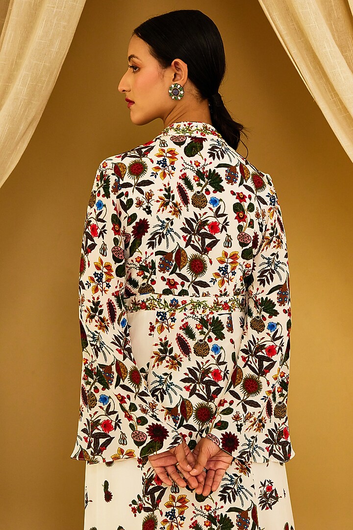 Ivory Crepe Printed & Embroidered Kalidar Kurta Set by Nikasha at Pernia's Pop Up Shop