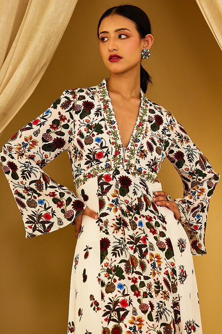 Ivory Crepe Printed & Embroidered Kalidar Kurta Set by Nikasha at Pernia's Pop Up Shop