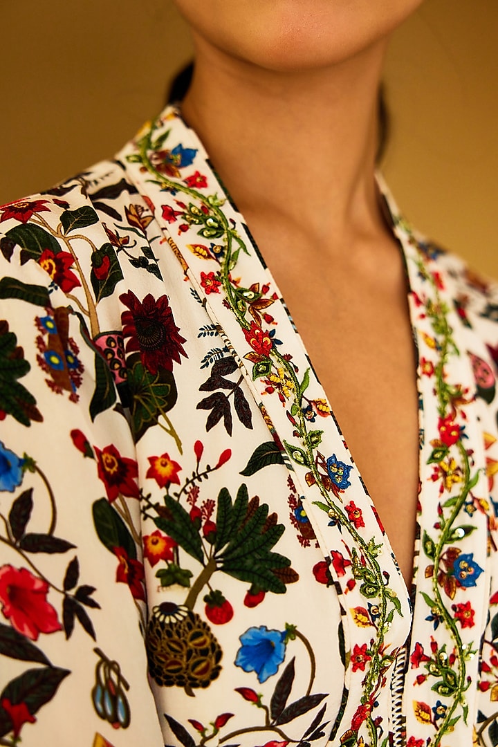 Ivory Crepe Printed & Embroidered Kalidar Kurta Set by Nikasha at Pernia's Pop Up Shop