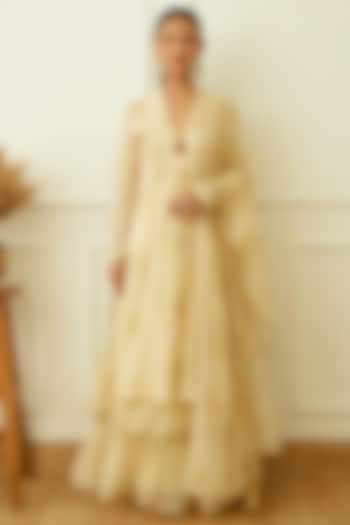 Ivory Handwoven Kota Doriya Layered Party Wear Sharara Set by Nikasha at Pernia's Pop Up Shop