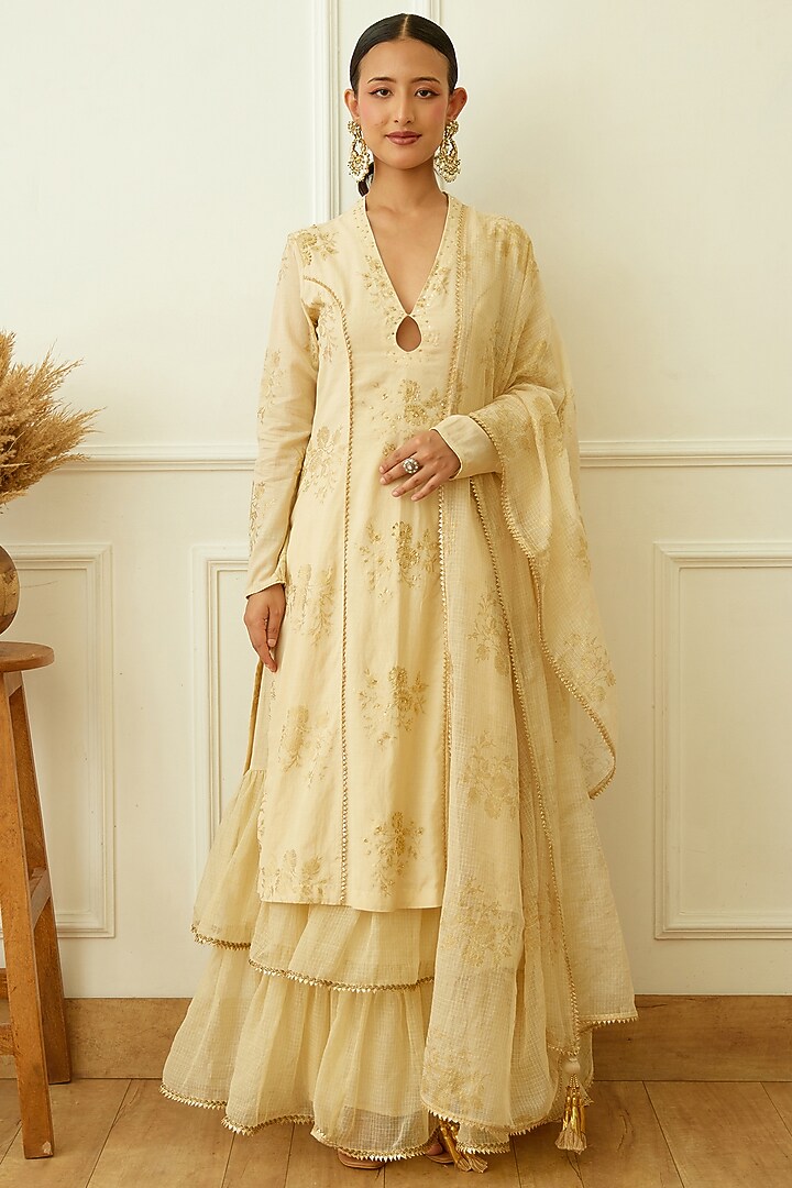 Ivory Handwoven Kota Doriya Layered Party Wear Sharara Set by Nikasha at Pernia's Pop Up Shop