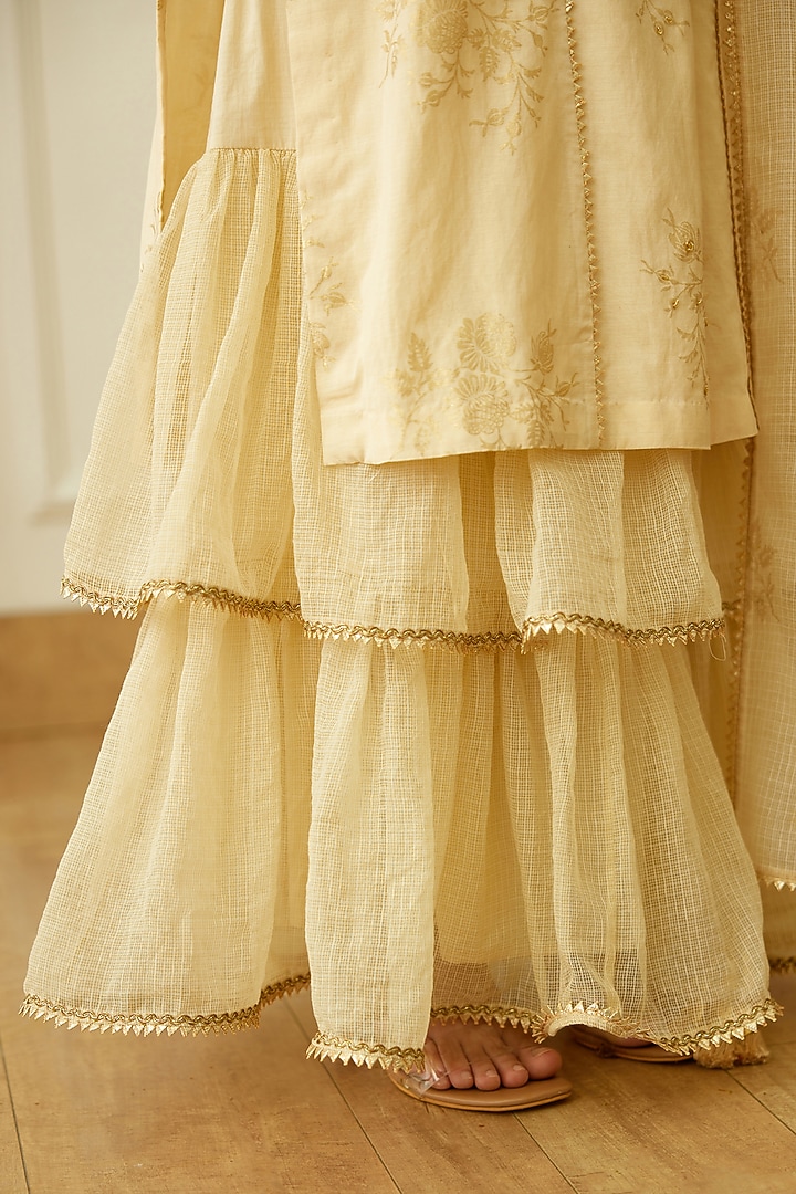 Ivory Handwoven Kota Doriya Layered Party Wear Sharara Set by Nikasha at Pernia's Pop Up Shop