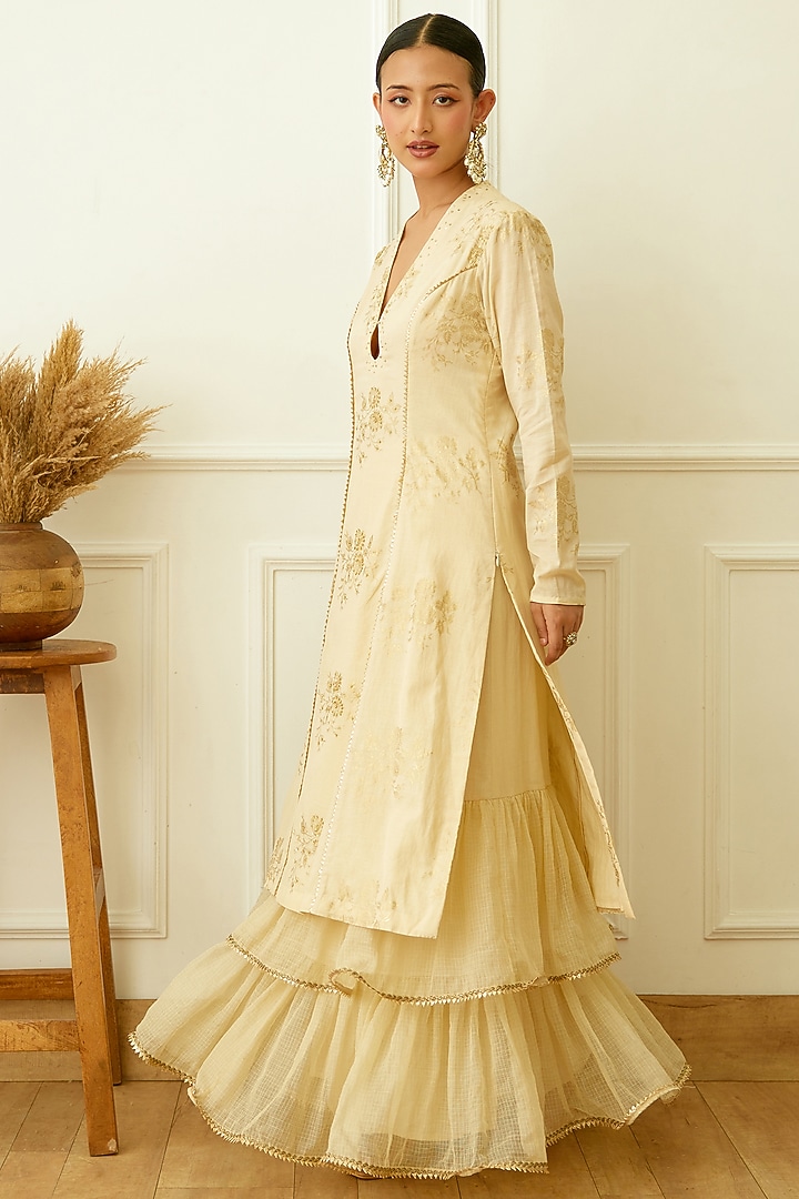 Ivory Handwoven Kota Doriya Layered Party Wear Sharara Set by Nikasha at Pernia's Pop Up Shop