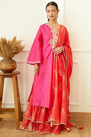 Coral Handwoven Kota Doriya Layered Sharara Set by Nikasha